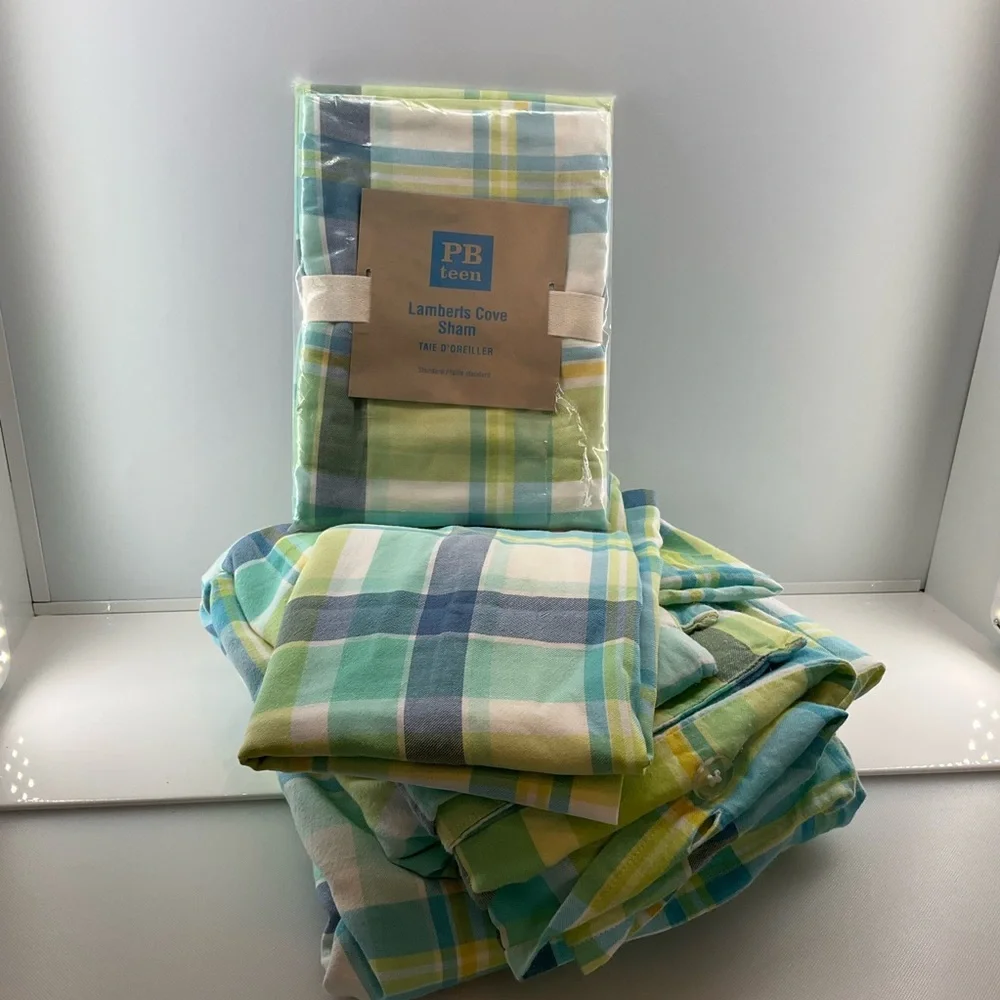 POTTERY BARN Teen Twin Duvet Set Sham Pillowcase Lamberts Cove Cotton Plaid - Picture 1 of 6